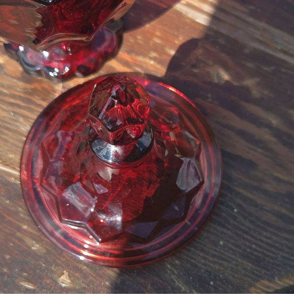 Vintage Red Glass Covered Bowl w/ Lid | Decorative Two-Piece Set